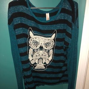 Owl Teal and Black Glitter Top